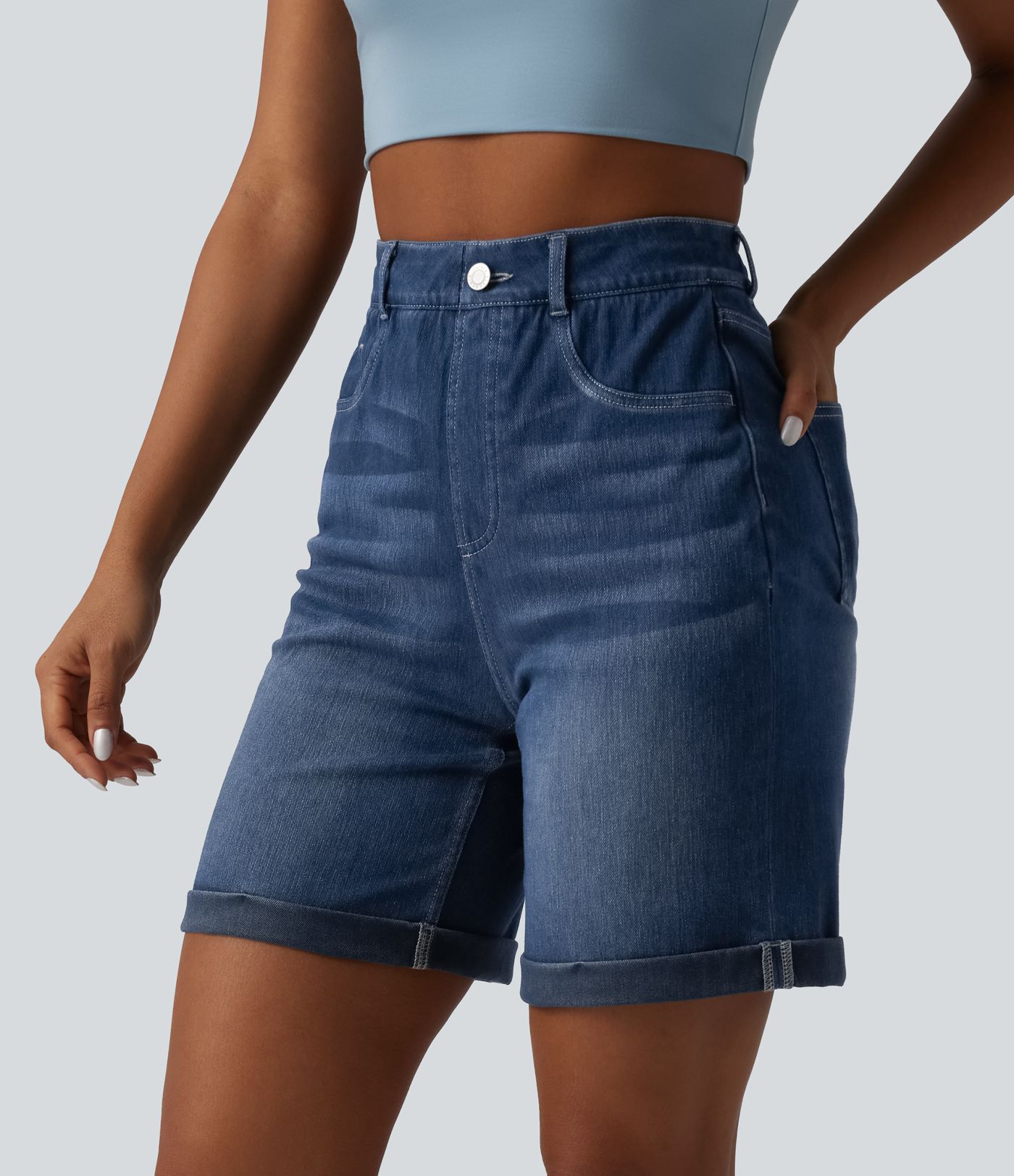 Halara Flex™ High Waisted Tummy Control Rolled Hem Skinny Casual Denim Shorts with Pockets