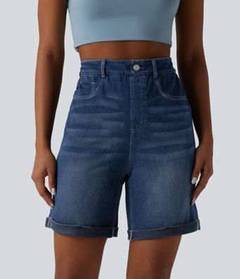 Halara Flex™ High Waisted Tummy Control Rolled Hem Skinny Casual Denim Shorts with Pockets Halara Flex™ High Waisted Tummy Control Rolled Hem Skinny Casual Denim Shorts with Pockets
