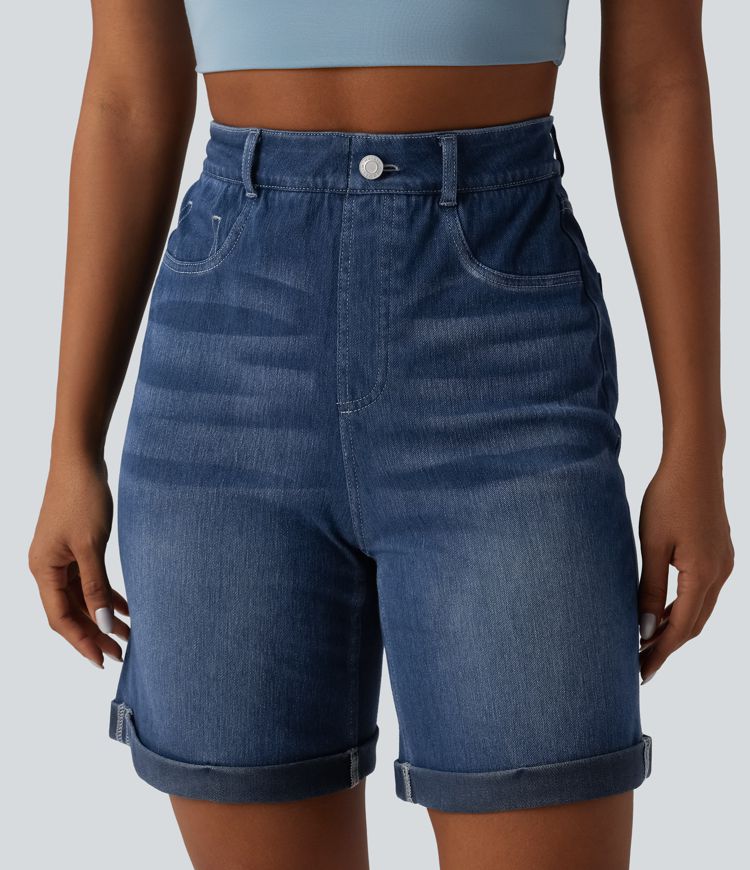 Halara Flex™ High Waisted Tummy Control Rolled Hem Skinny Casual Denim Shorts with Pockets