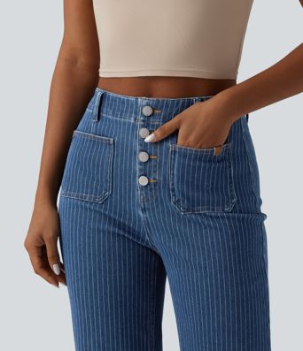 Halara Flex™ High Waisted Stripes Cropped Straight Leg Casual Jeans with Pockets