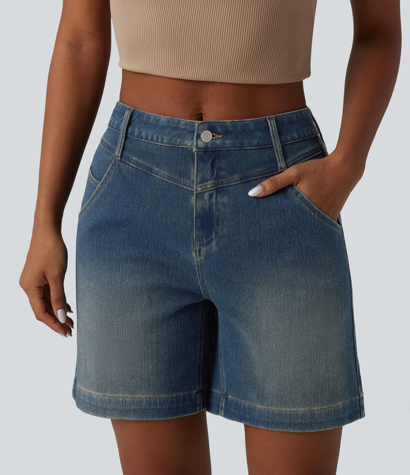 Halara Flex™ Mid Rise Rolled Hem Washed Denim Casual Baggy Shorts with Pockets
