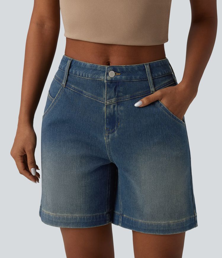 Halara Flex™ Mid Rise Rolled Hem Washed Denim Casual Baggy Shorts with Pockets