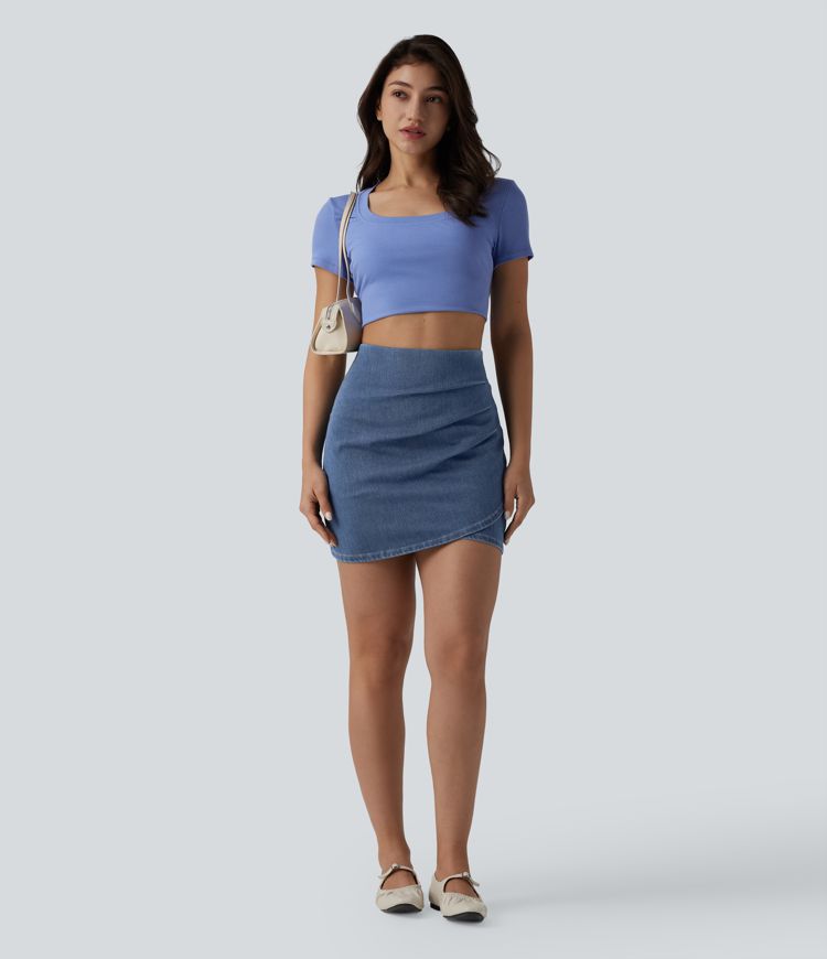 Halara Flex™ High Waisted Ruched Crossover Hem Bodycon Mini Casual Denim Skirt 