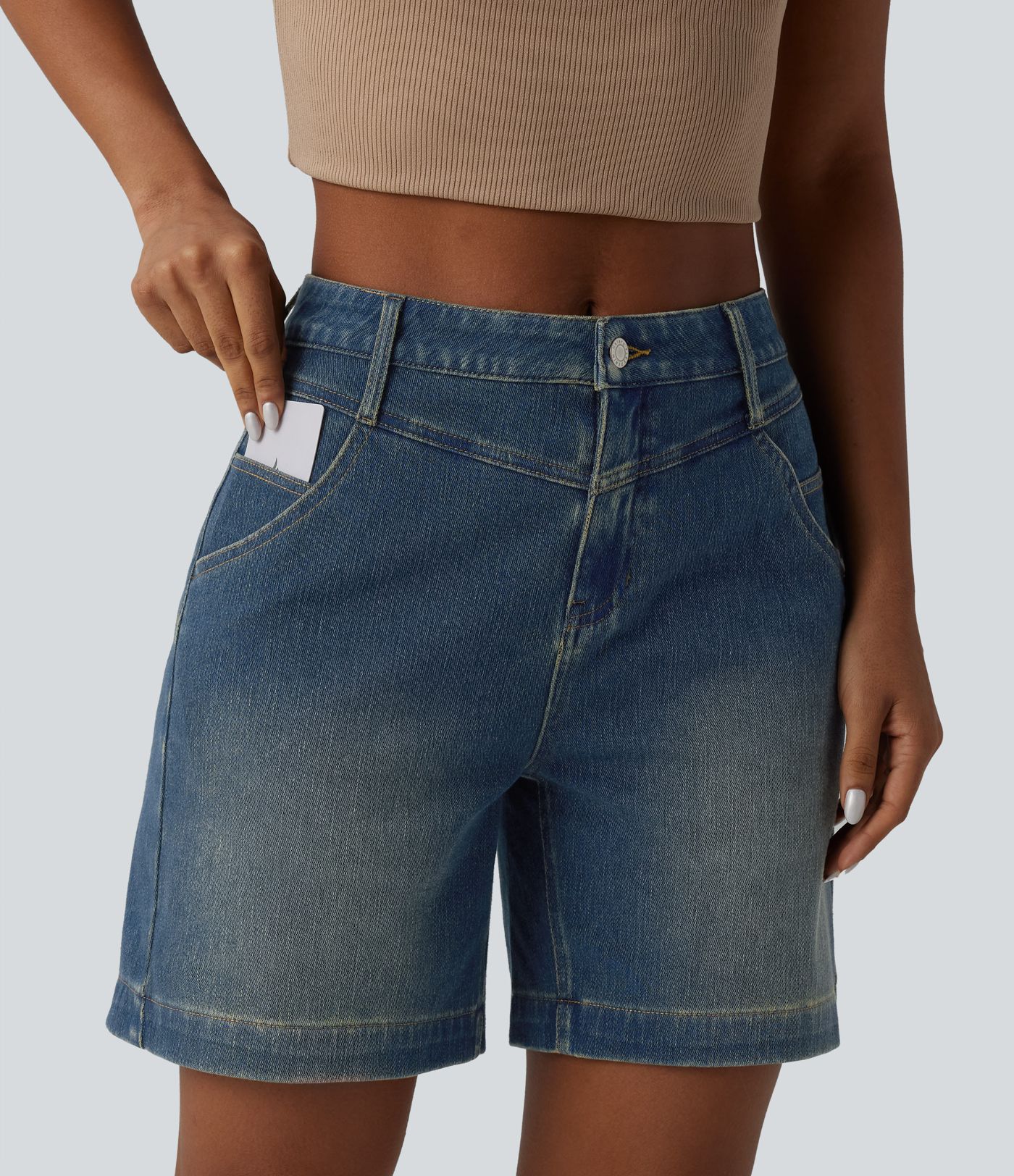 Halara Flex™ Mid Rise Rolled Hem Washed Denim Casual Baggy Shorts with Pockets