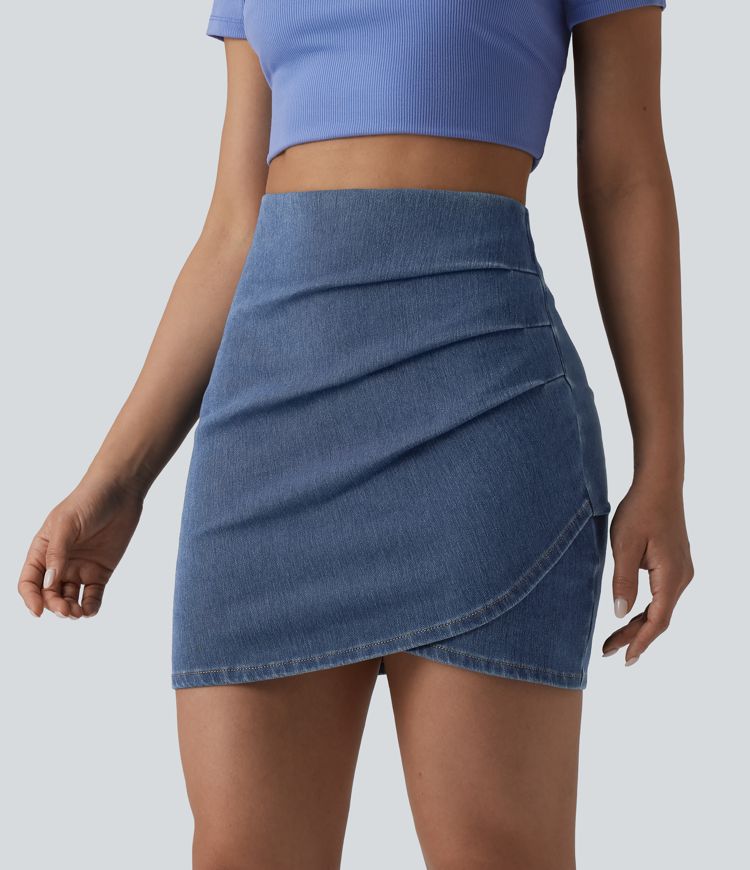 Halara Flex™ High Waisted Ruched Crossover Hem Bodycon Mini Casual Denim Skirt 