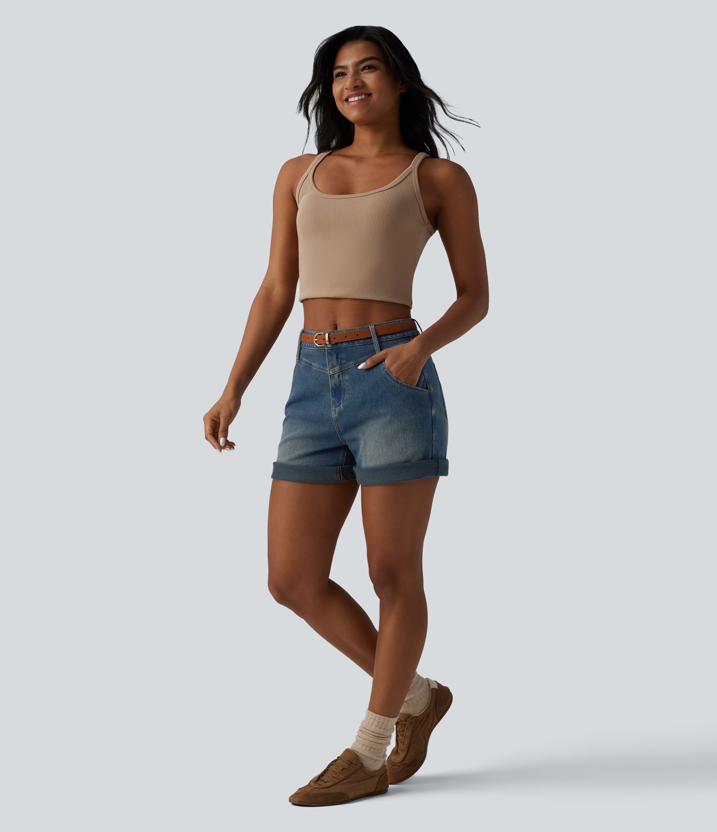 Halara Flex™ Mid Rise Rolled Hem Washed Denim Casual Baggy Shorts with Pockets