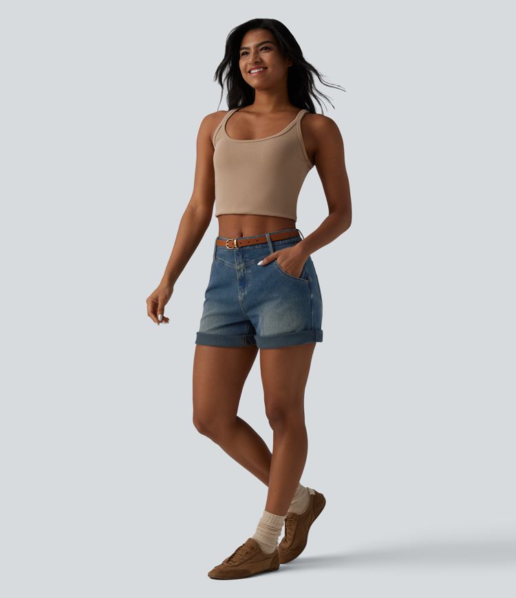 Halara Flex™ Mid Rise Rolled Hem Washed Denim Casual Baggy Shorts with Pockets