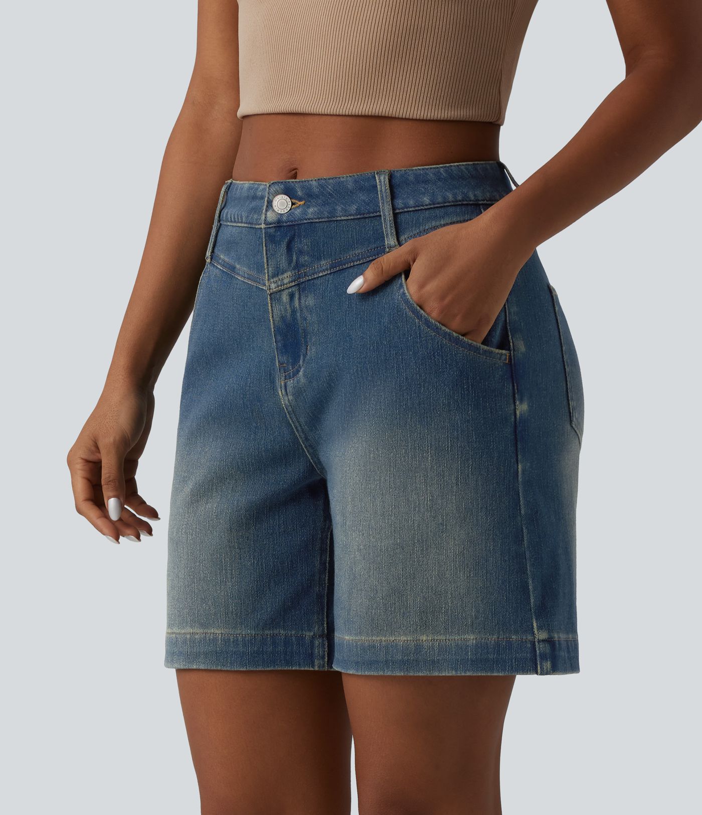 Halara Flex™ Mid Rise Rolled Hem Washed Denim Casual Baggy Shorts with Pockets