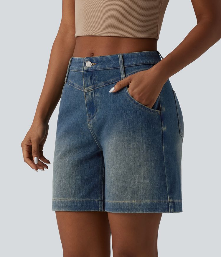 Halara Flex™ Mid Rise Rolled Hem Washed Denim Casual Baggy Shorts with Pockets