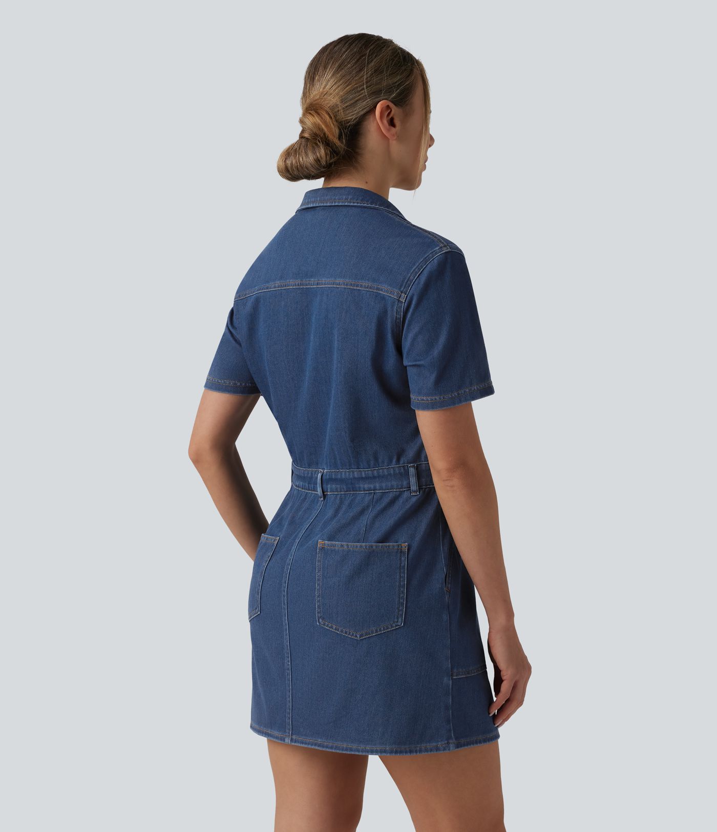 Halara Flex™ Robe mini casual en jean à manches courtes, cordon de serrage et poches
