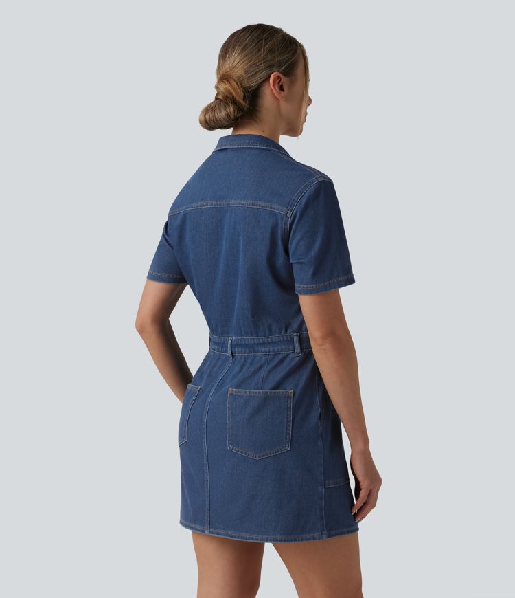 Halara Flex™ Robe mini casual en jean à manches courtes, cordon de serrage et poches