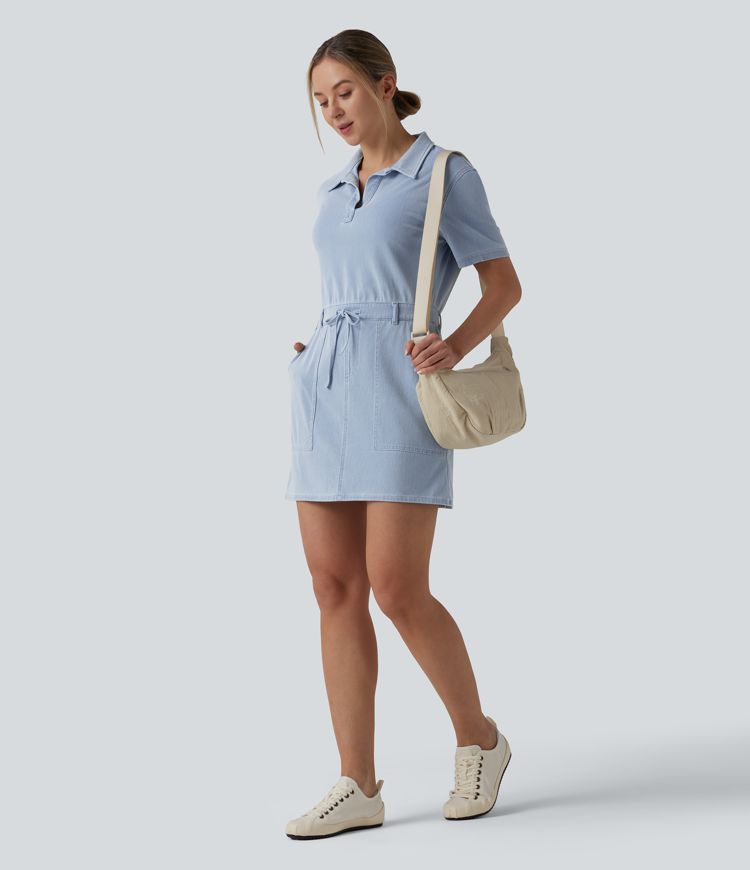 Halara Flex™ Short Sleeve Drawstring Denim Mini Casual Dress with Pockets