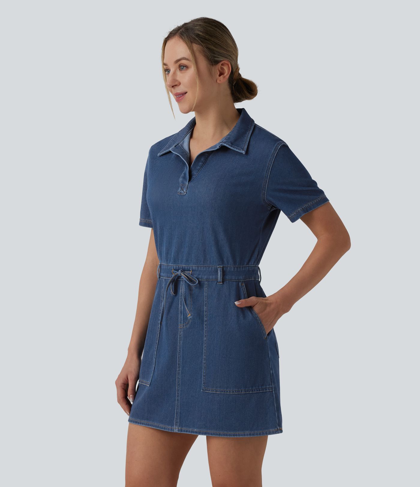 Halara Flex™ Robe mini casual en jean à manches courtes, cordon de serrage et poches