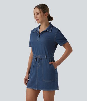 Halara Flex™ Robe mini casual en jean à manches courtes, cordon de serrage et poches
