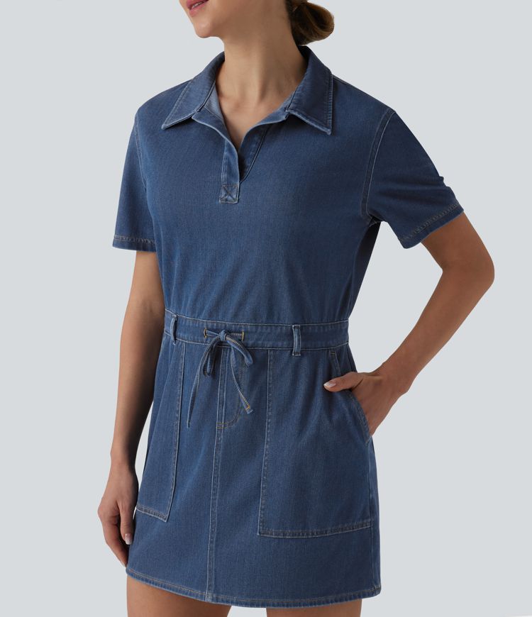 Halara Flex™ Robe mini casual en jean à manches courtes, cordon de serrage et poches