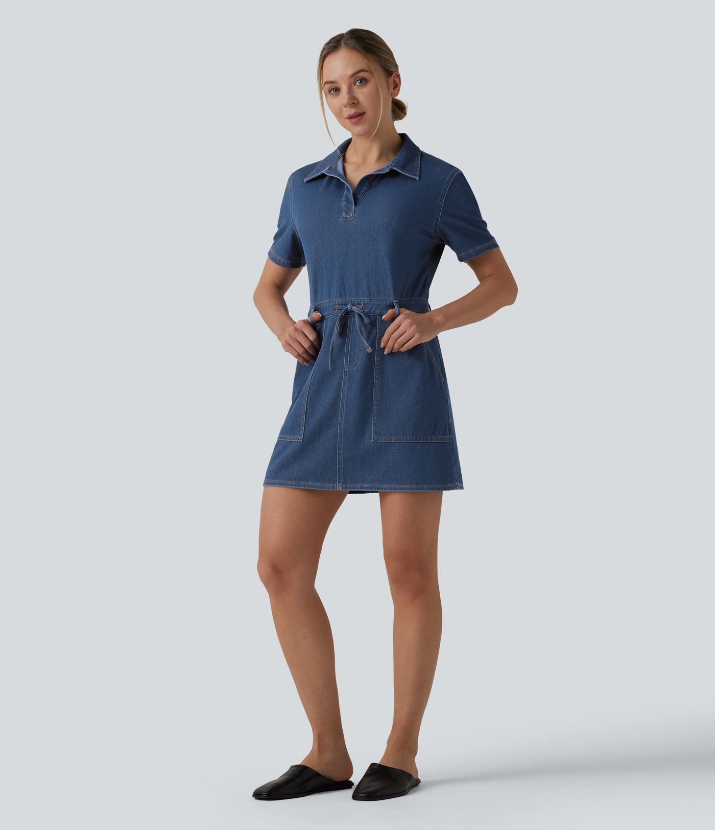 Halara Flex™ Robe mini casual en jean à manches courtes, cordon de serrage et poches