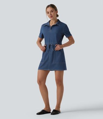 Halara Flex™ Robe mini casual en jean à manches courtes, cordon de serrage et poches