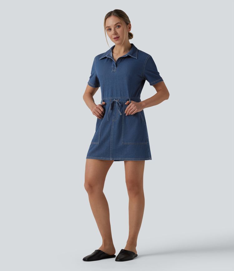 Halara Flex™ Robe mini casual en jean à manches courtes, cordon de serrage et poches