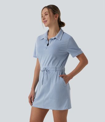 Halara Flex™ Short Sleeve Drawstring Denim Mini Casual Dress with Pockets