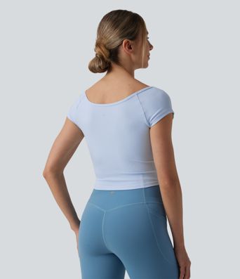 Haut de sport d'entraînement côtelé décolleté cœur manches courtes