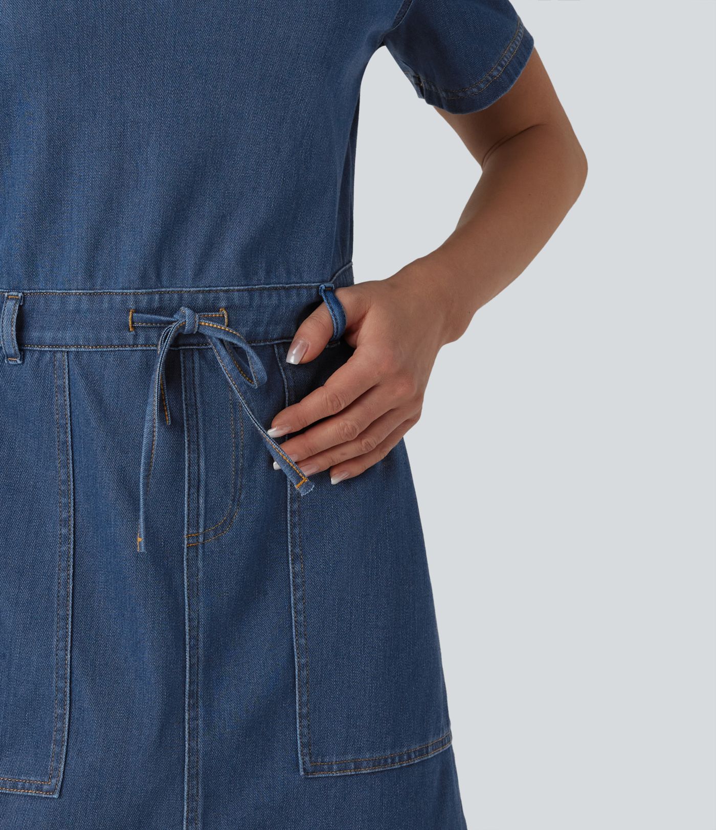 Halara Flex™ Robe mini casual en jean à manches courtes, cordon de serrage et poches