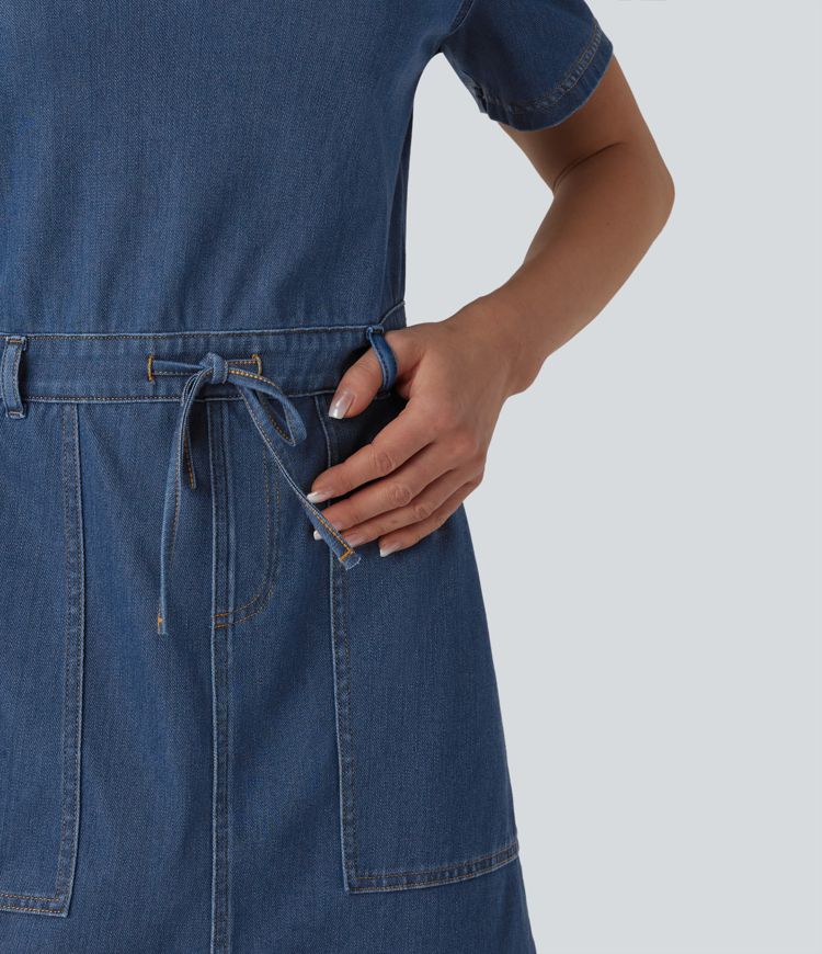 Halara Flex™ Robe mini casual en jean à manches courtes, cordon de serrage et poches