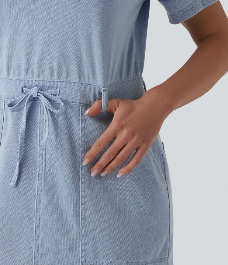Halara Flex™ Short Sleeve Drawstring Denim Mini Casual Dress with Pockets