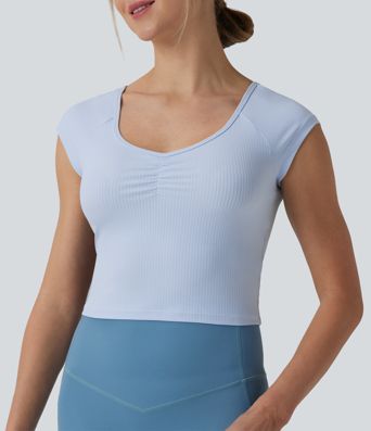 Haut de sport d'entraînement côtelé décolleté cœur manches courtes