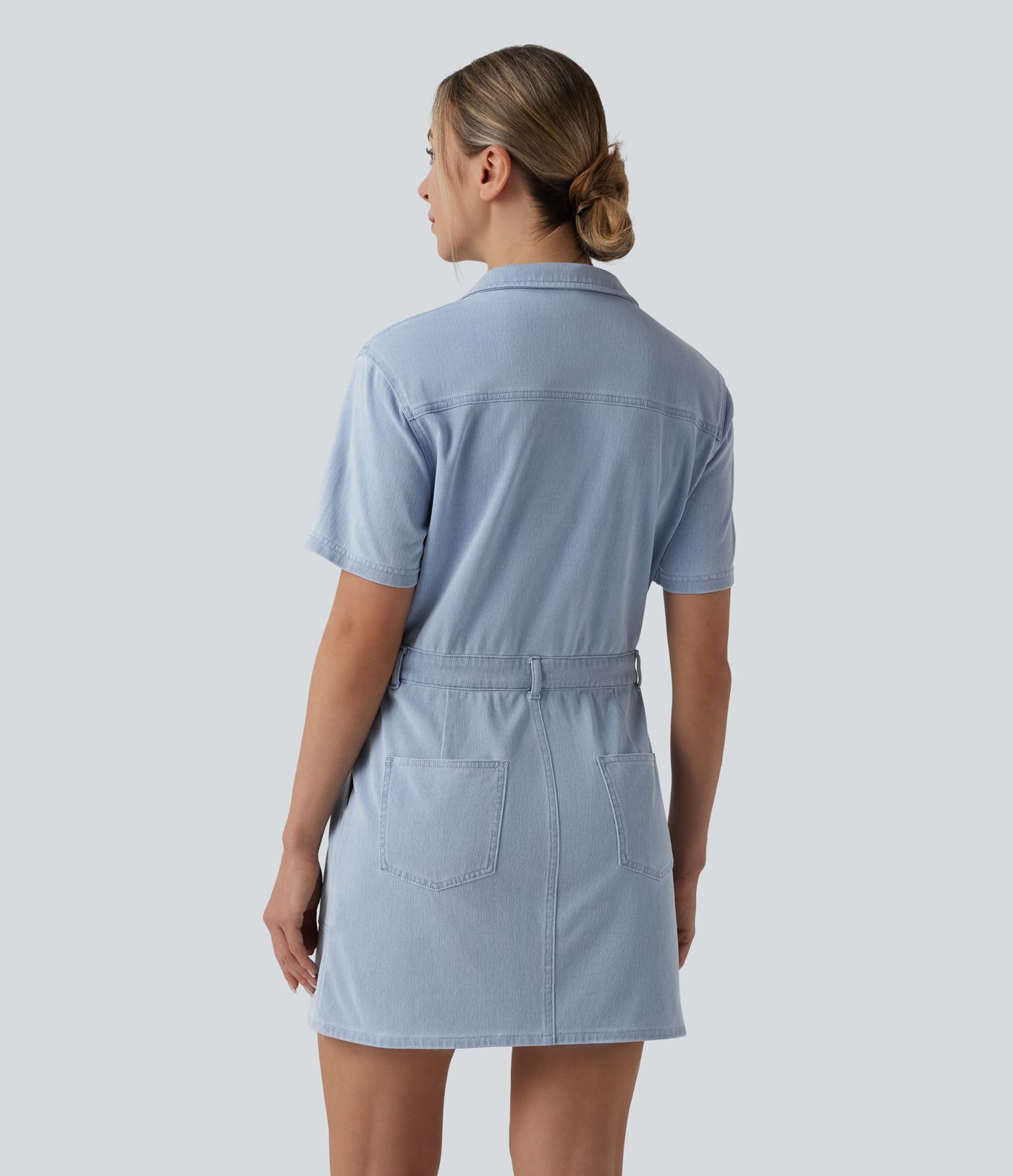 Halara Flex™ Short Sleeve Drawstring Denim Mini Casual Dress with Pockets