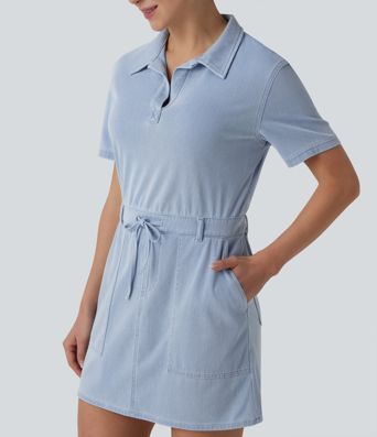 Halara Flex™ Short Sleeve Drawstring Denim Mini Casual Dress with Pockets