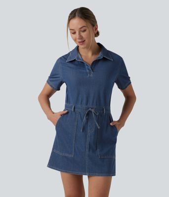 Halara Flex™ Robe mini casual en jean à manches courtes, cordon de serrage et poches