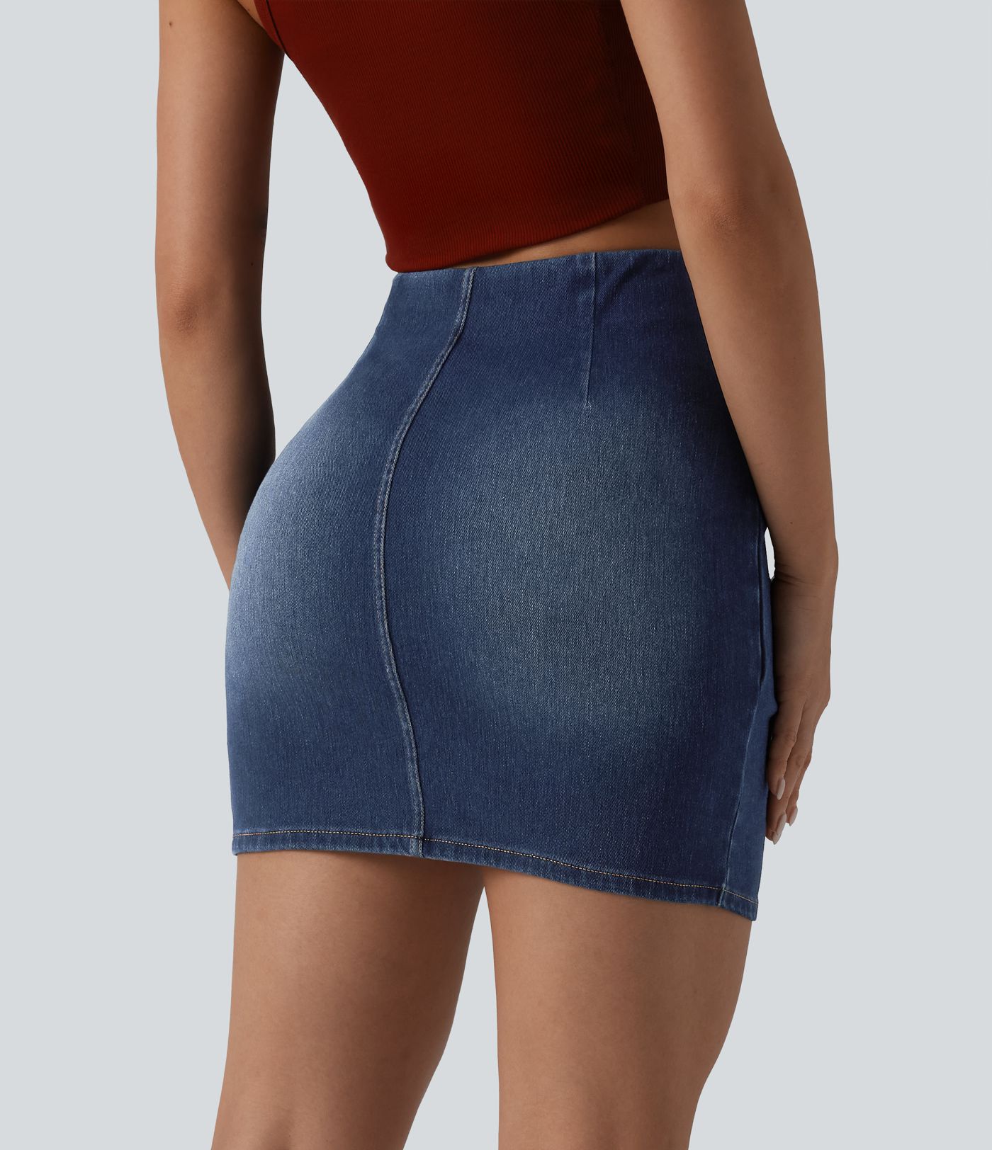 Halara Flex™ High Waisted Ruched Crossover Hem Bodycon Mini Casual Denim Skirt 