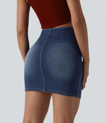 Halara Flex™ High Waisted Ruched Crossover Hem Bodycon Mini Casual Denim Skirt 