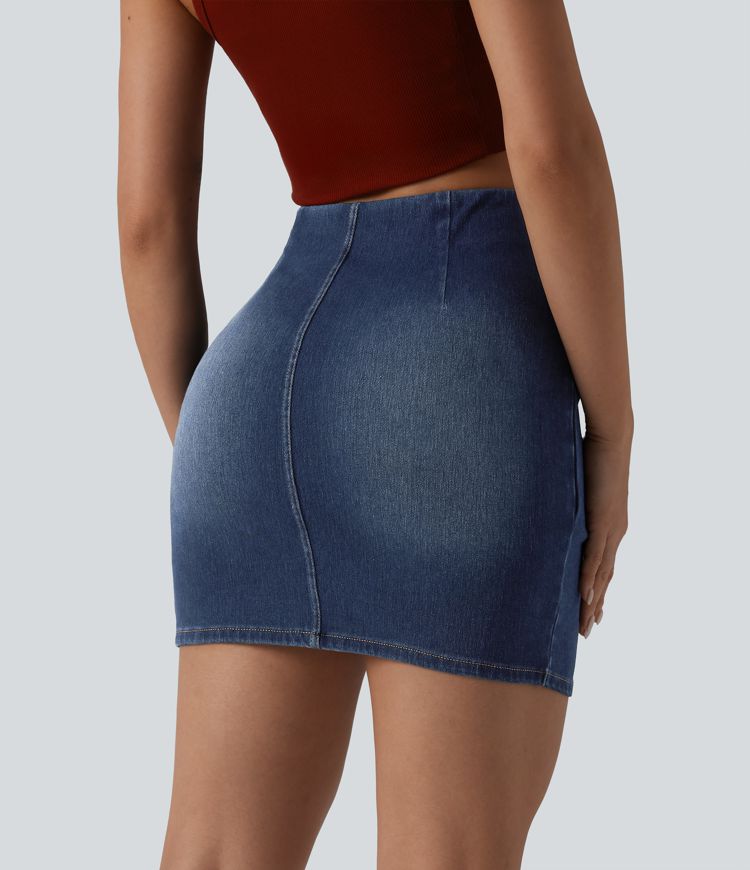 Halara Flex™ High Waisted Ruched Crossover Hem Bodycon Mini Casual Denim Skirt 
