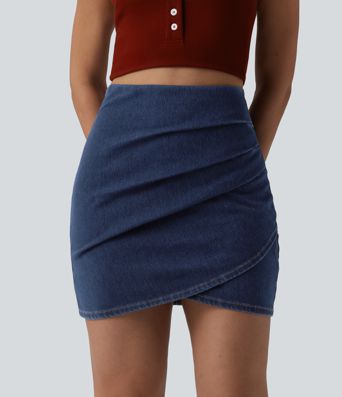 Halara Flex™ High Waisted Ruched Crossover Hem Bodycon Mini Casual Denim Skirt 