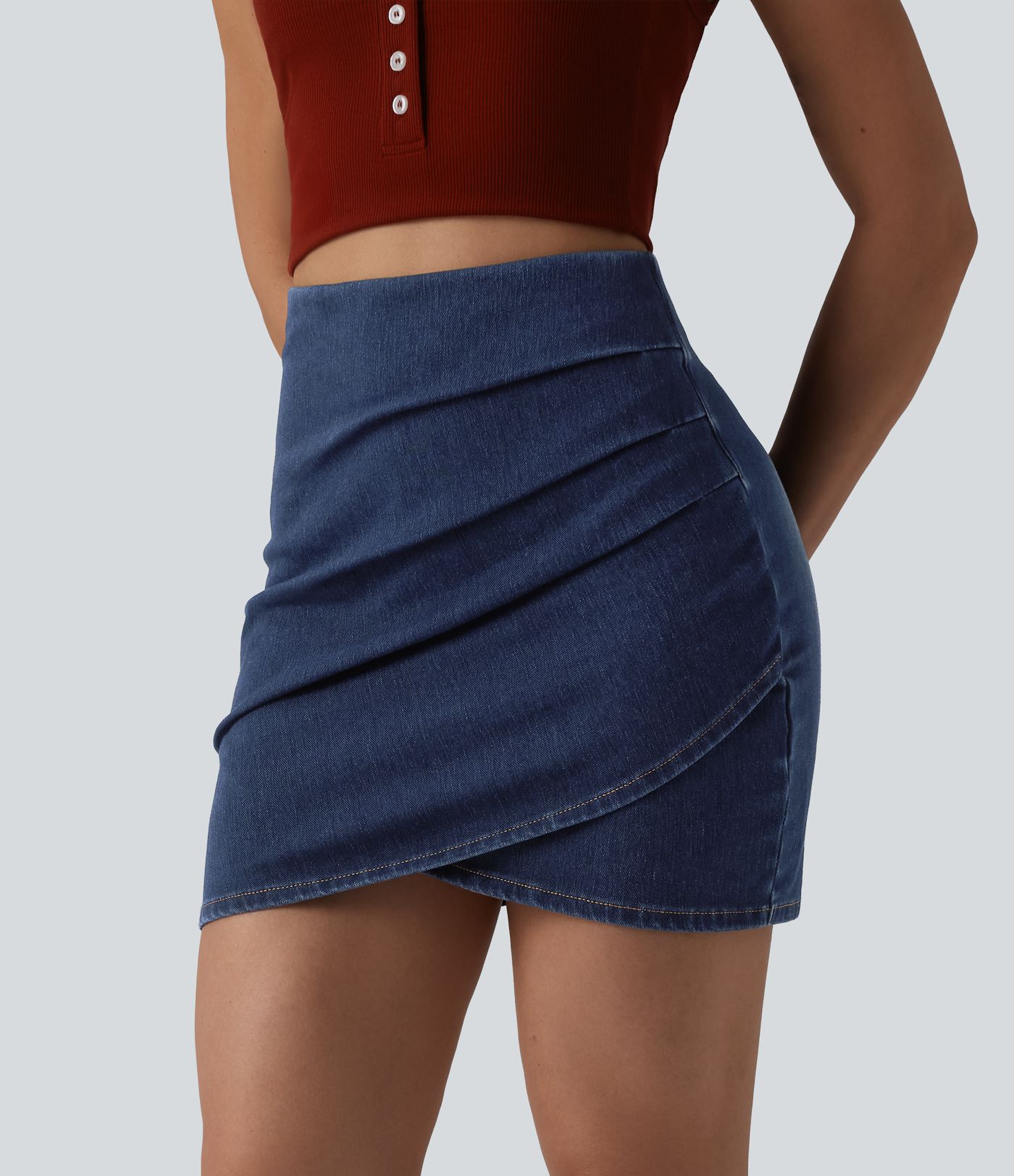 Halara Flex™ High Waisted Ruched Crossover Hem Bodycon Mini Casual Denim Skirt 