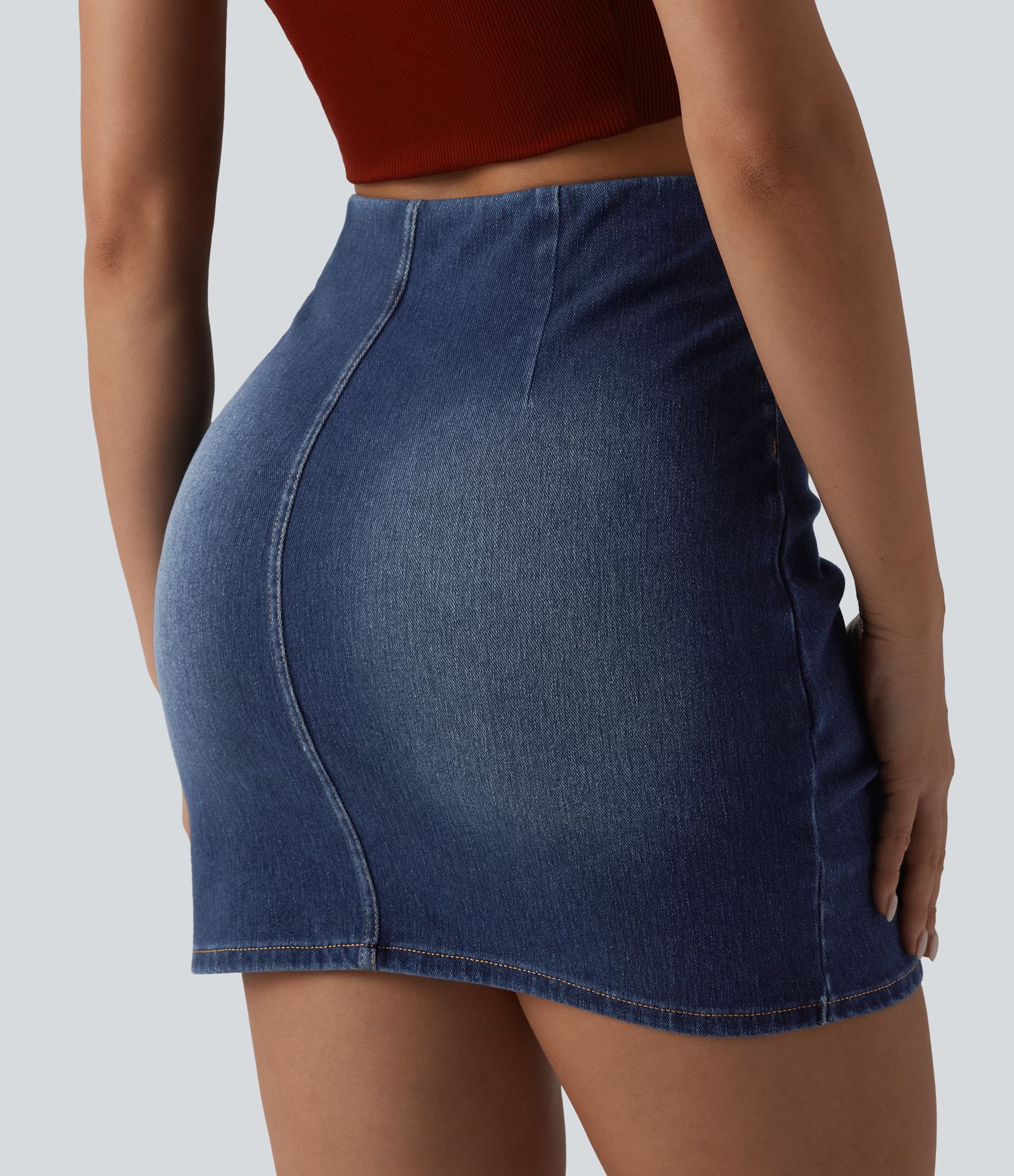 Halara Flex™ High Waisted Ruched Crossover Hem Bodycon Mini Casual Denim Skirt 