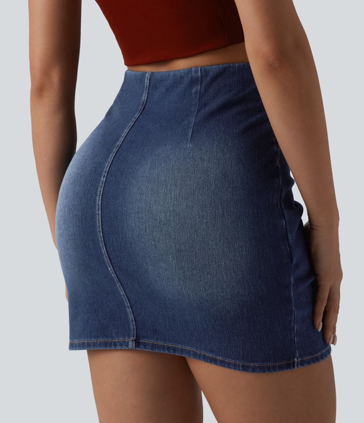 Halara Flex™ High Waisted Ruched Crossover Hem Bodycon Mini Casual Denim Skirt 