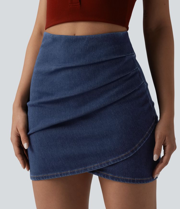 Halara Flex™ High Waisted Ruched Crossover Hem Bodycon Mini Casual Denim Skirt 