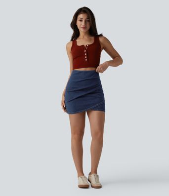 Halara Flex™ High Waisted Ruched Crossover Hem Bodycon Mini Casual Denim Skirt 