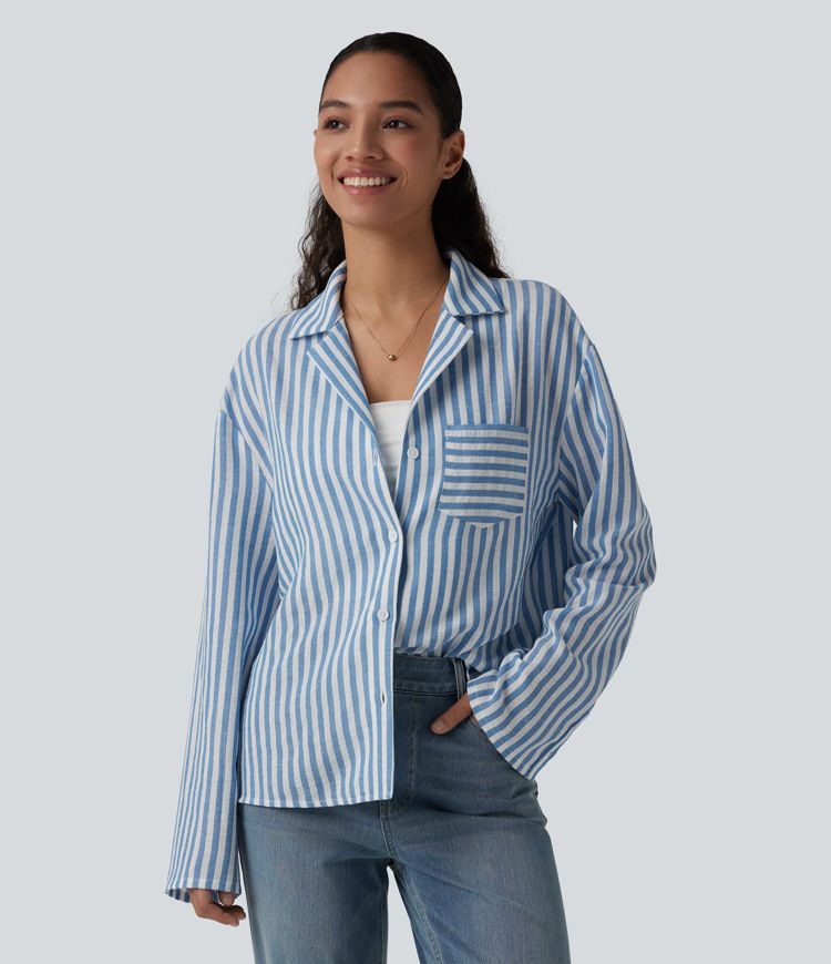 Notched Collar Long Sleeve Stripe Casual Linen-Feel Shirt with Pocket