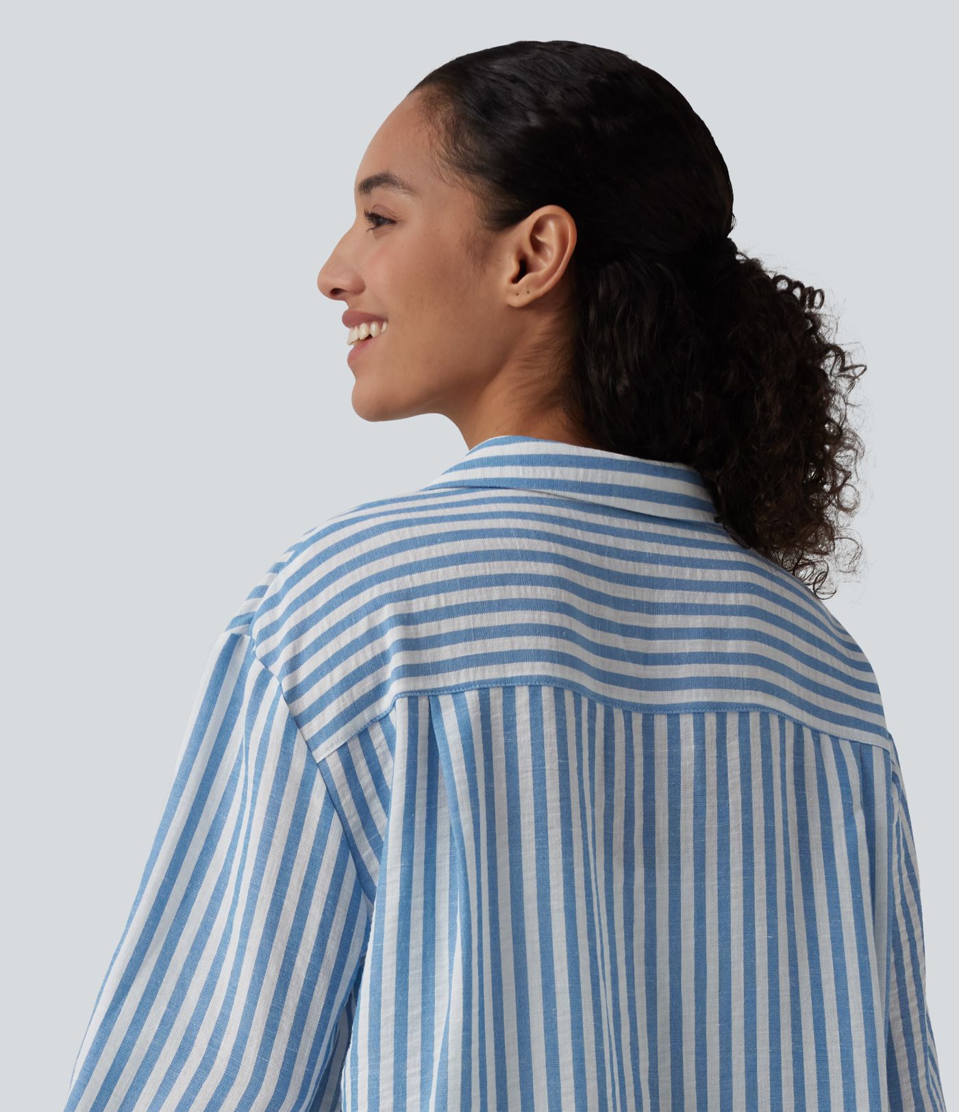 Notched Collar Long Sleeve Stripe Casual Linen-Feel Shirt with Pocket