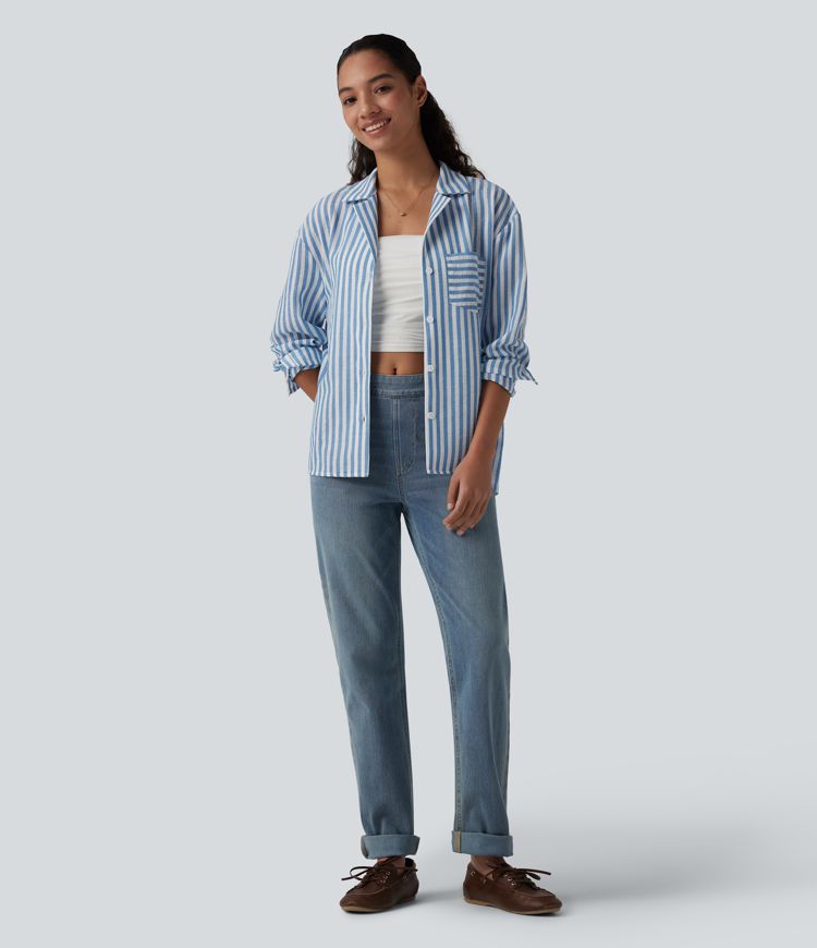 Notched Collar Long Sleeve Stripe Casual Linen-Feel Shirt with Pocket