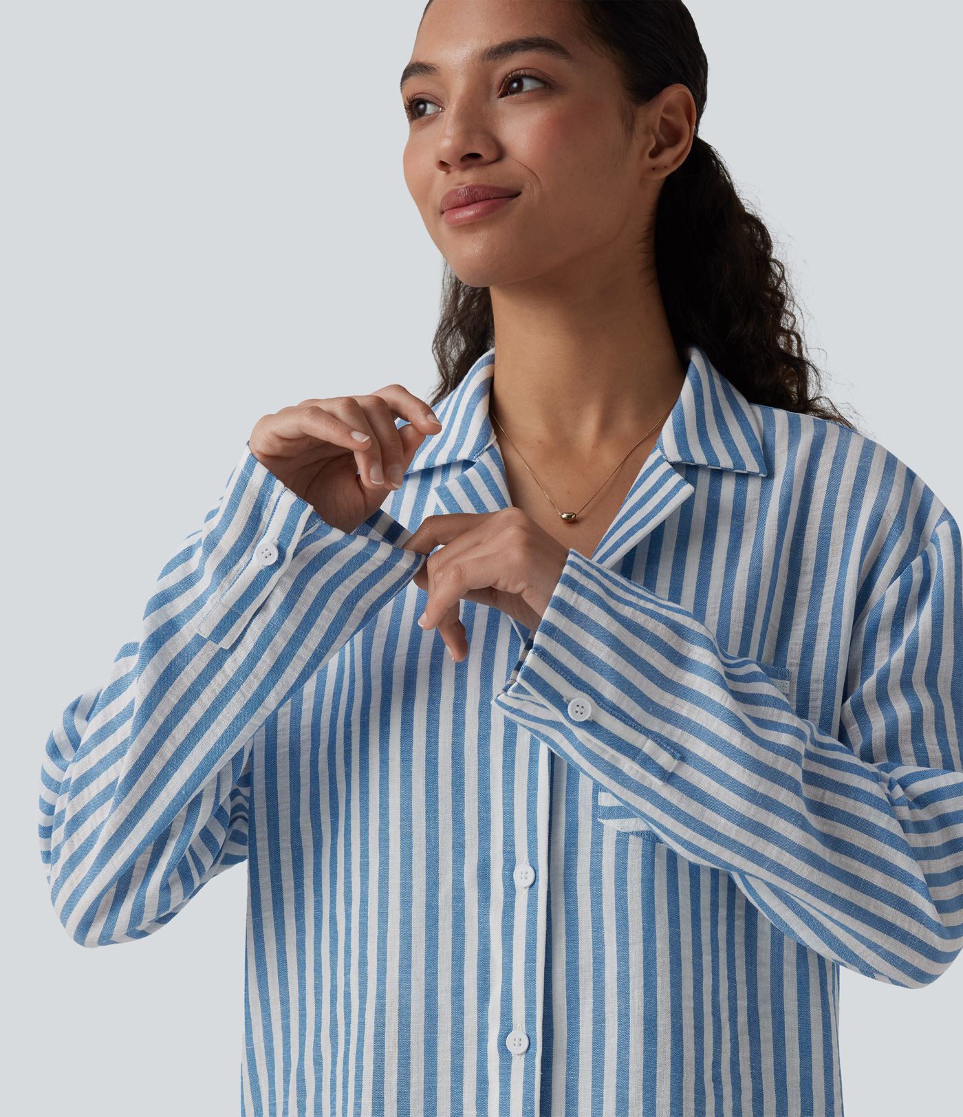 Notched Collar Long Sleeve Stripe Casual Linen-Feel Shirt with Pocket