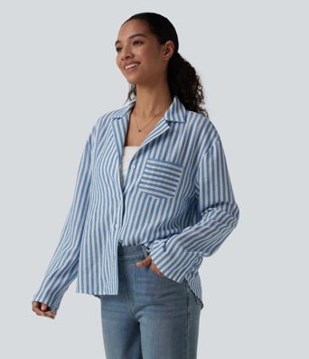 Notched Collar Long Sleeve Stripe Casual Linen-Feel Shirt with Pocket