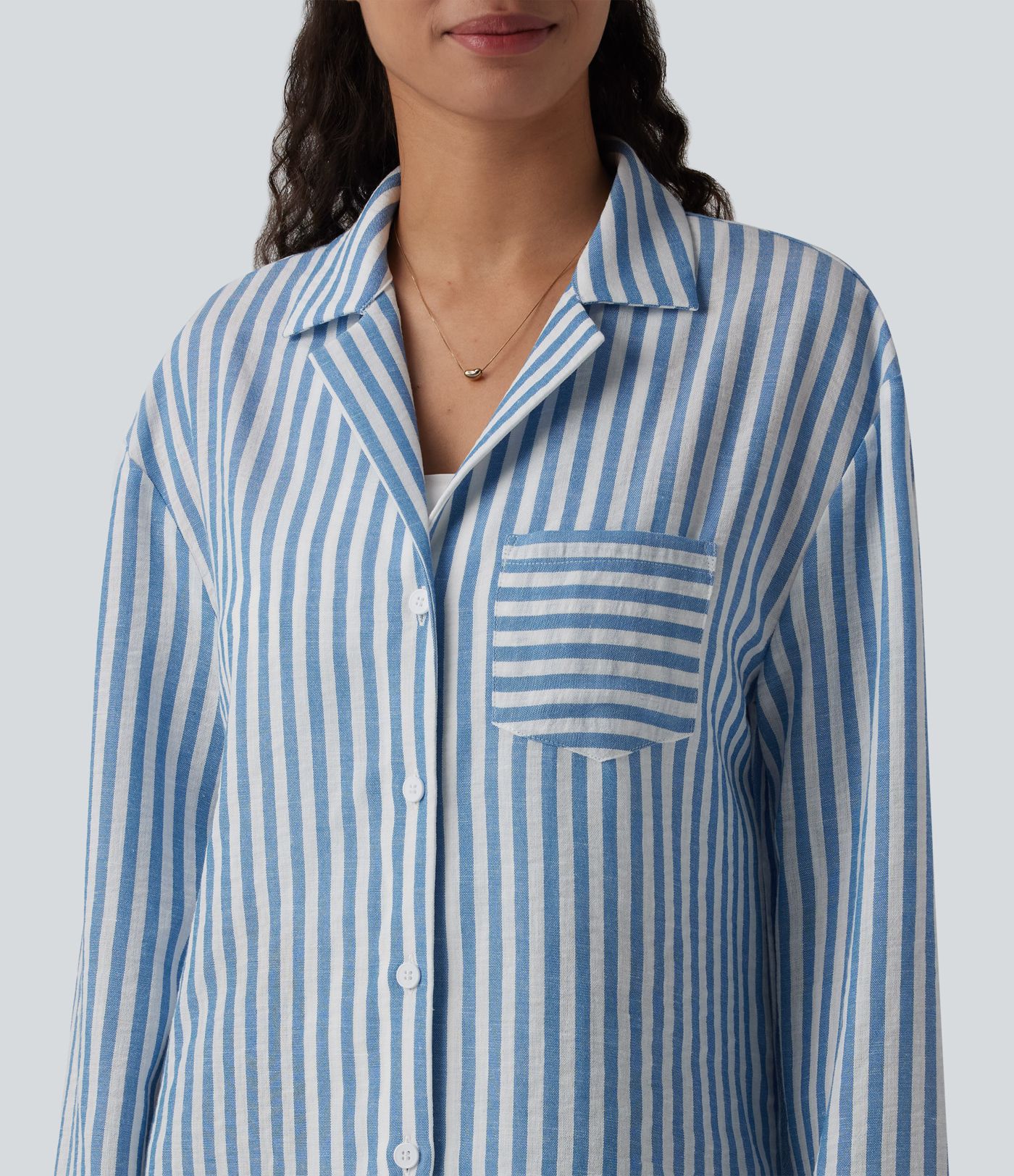 Notched Collar Long Sleeve Stripe Casual Linen-Feel Shirt with Pocket