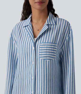 Notched Collar Long Sleeve Stripe Casual Linen-Feel Shirt with Pocket