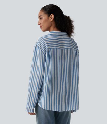 Notched Collar Long Sleeve Stripe Casual Linen-Feel Shirt with Pocket