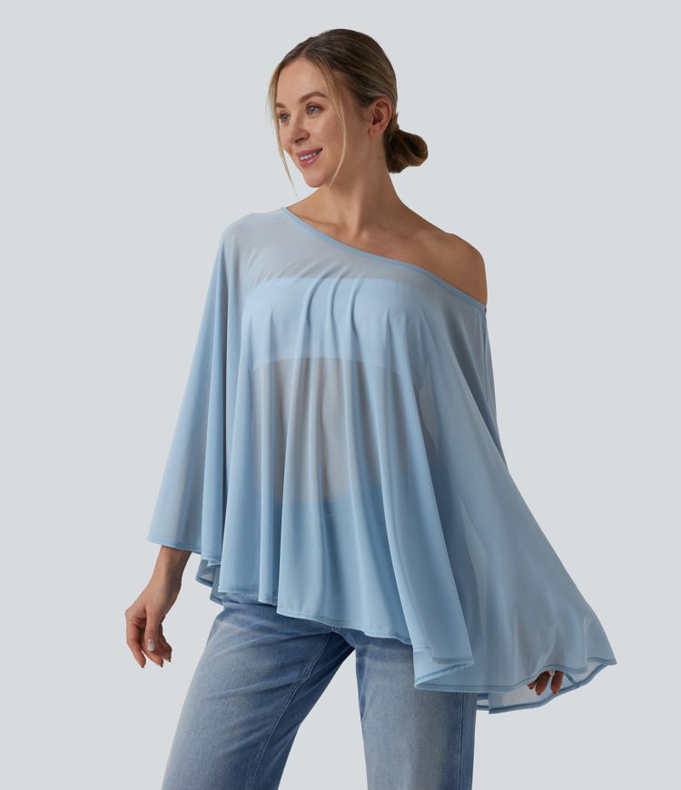 One Shoulder Sheer Mesh Cape Cover Up