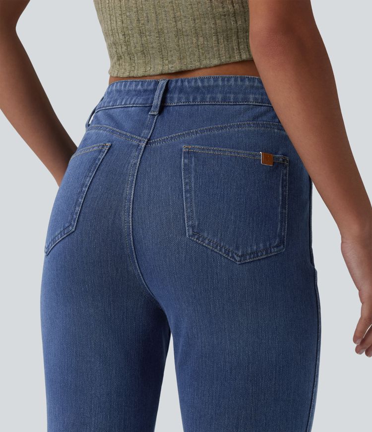Halara Flex™ Jean pantacourt slim taille mi-haute à ourlet fendu, décontracté, avec poches